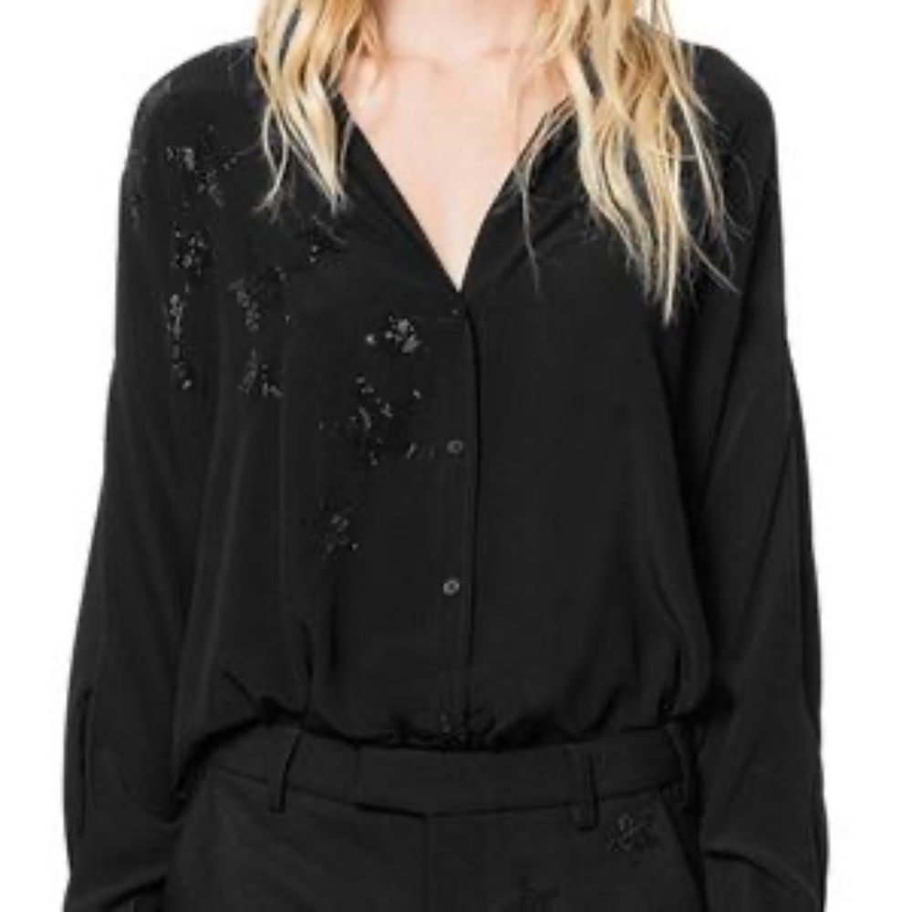 Zadig & Voltaire Rhinestone Stars Shirt Tamara Strass Black Crepe shirt Size M